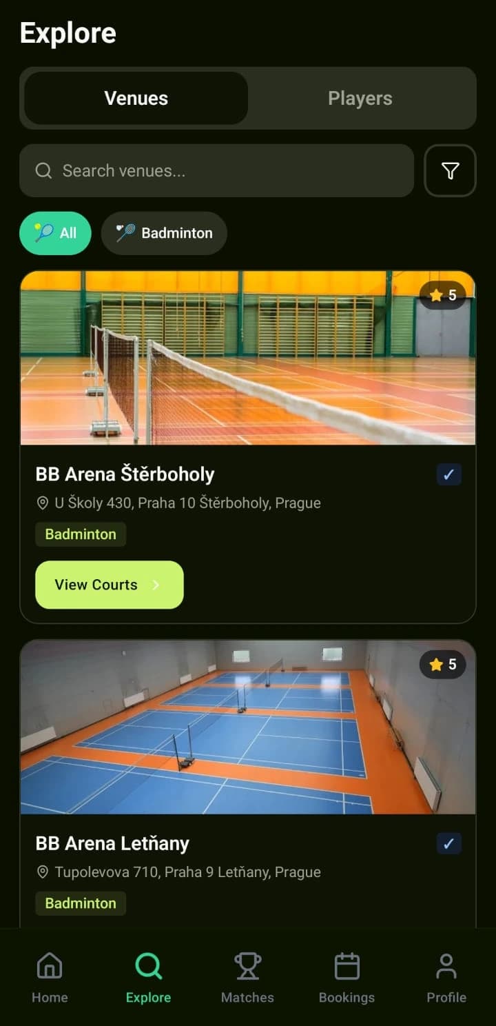 RacketMania app venue discovery screen listing badminton arenas in Prague with photos and ratings